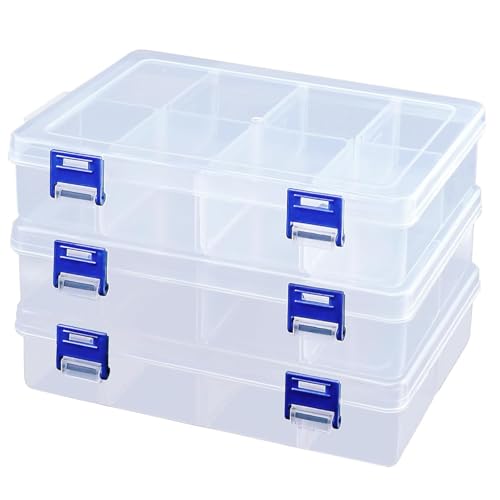 Fahibin 3 Piezas Caja Organizadora Plastico con 8 Compartimentos Ajustables,Caja de Almacenamiento Transparente con Ajustable Compartimentos,Cajas Almacenaje Plastico con Separadores 22*13.5*6.4cm