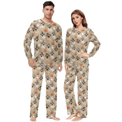 Laprad Men's Women's Long Sleeve Pajama Sets Halloween Pugs Comfy 2 Piece Loungewear with Pockets