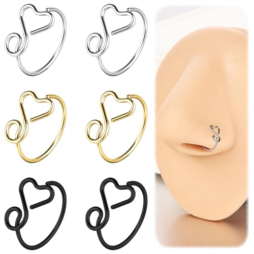 ZS 6Pcs 20G 316L Stainless Steel Nose Rings Hoops Niobium Spiral Nose Rings for Cartilage Helix Tragus Conch Lip Bridge Piercings Jewelry (Heart, Mix Color)