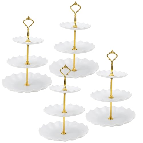 DAKFOOK 4 Set 3 Tiers Cake Stands, White Afternoon Tea Stands Plastic Cake Stand, Cupcake Stand for Birthday Party Wedding Decorations
