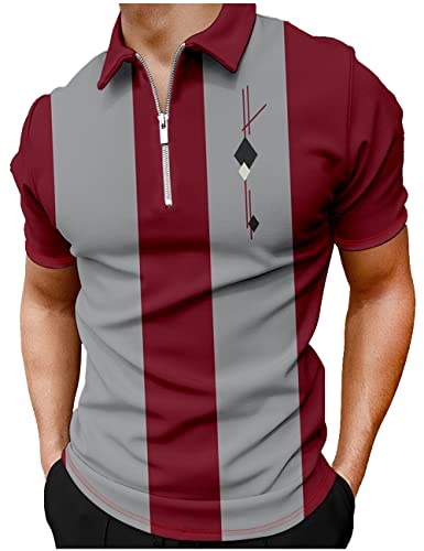 Hodaweisolp Men's Short Sleeve Zipper Casual Slim Fit Printed Golf Polo Shirt Tops Red Stripe-Xxl #TOP3
