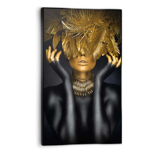 REINDERS Gerahmtes Bild, Frau mit goldenen Federn, Wohnzimmer, Poster, Wanddeko, Room Decor, MDF, Gold, 118 x 70