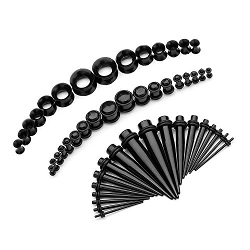 CABBE KALLO 50pcs Ear Stretching Kit Silicone Tunnels Acrylic Tapers and Plugs 14G-00G Gauges Set for Ear Piercing - Gage Starter Kit with Plugs and Tapers - Ear Gauges Stretching Kit and More,Black