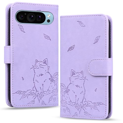 Coque Pixel 10 Pro XL 5G violette et étui portefeuille chat