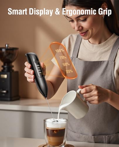 Image of Dynooper Electric Milk Frother Handheld: coffee frother rechargeable 3 in 1 - LED Display, Wireless Charging - 3 Speeds, Stainless Steel Whisk for Latte, Cappuccino - Bright Grey