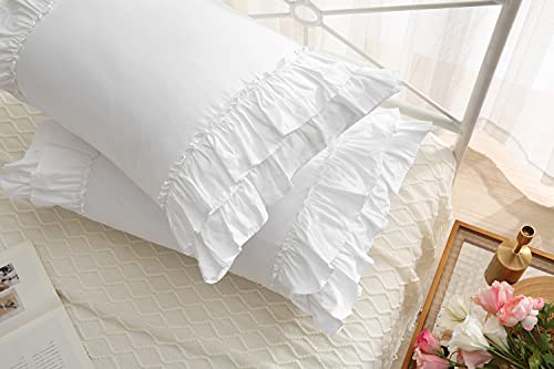Meaning4 Pure Cotton White Ruffles Pillow Shams Queen Size Ruffled Pillowcases Pillow Covers 20"X30" 2-Pack #TOP5