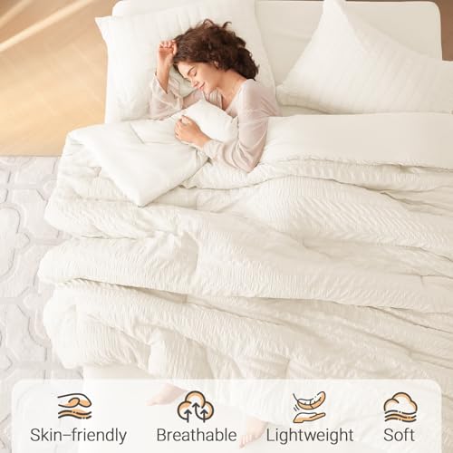 Image of MUXHOMO 7 Pieces Oversized Queen Comforter Set, Seersucker Bed in a Bag Oversized Queen Size, All Season Luxury Bedding Set with Comforter, Flat Sheet, Fitted Sheet, Pillowcases & Shams, Ivory