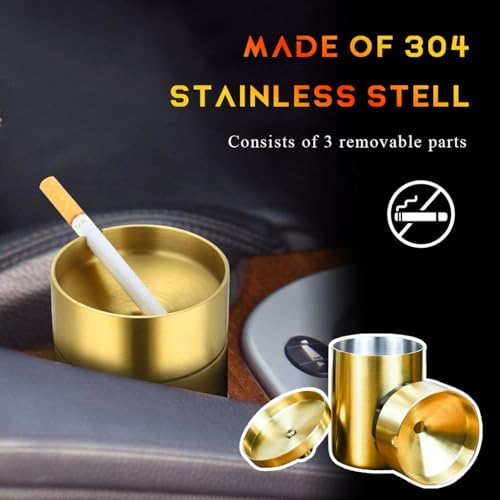 Image of DXNQ Car Ashtray with Lid, Windproof Smokeless Stainless Steel Ash Tray Butt Bucket, Detachable Self Extinguished Ashtray for Car Cup Holder Home Office Travel, Car Accessories (Golden)