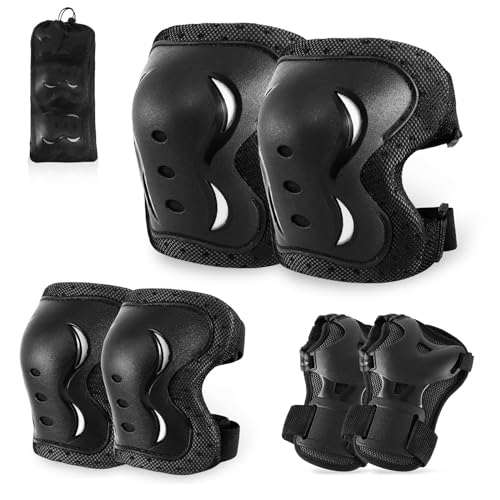 MYSSUCI Kids/Adult Knee Pads Elbow Pads Wrist Guards 6 in 1 Protective Gear Set for Skateboarding, Rollerblading, Biking - Durable, Comfortable, Adjustable (M)
