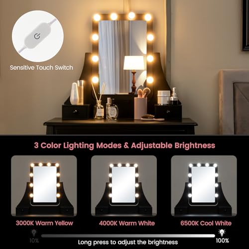 CHARMAID Vanity Set with Lighted Mirror, Makeup Table with 10 LED Dimmable Bulbs, 3 Lighting Sets, 3 Drawers, Bedroom Dressing Table Vanity Desk with Cushioned Stool for Women Girls (Black) - Thumbnail 4