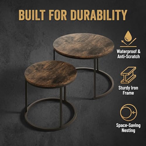 Image of Round Coffee Tables for Living Room, Set of 2 (Rustic Wooden) | living room side table, Drink Tables for Small Spaces