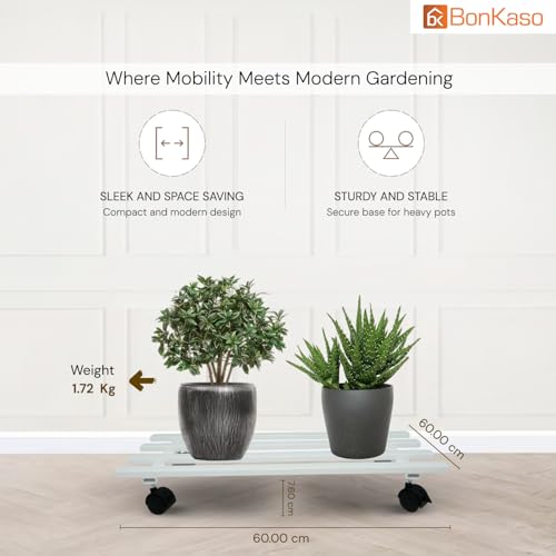 Image of BonKaso Rectangular Metal Plant Stand (Set of 4) with Wheels for Indoor & Outdoor Use (60x 22.9 x7.6 Cm) | Heavy Duty Flower Pot Holder | Holds Up to 100kg | Corner Plant Rack for Heavy Plants - White