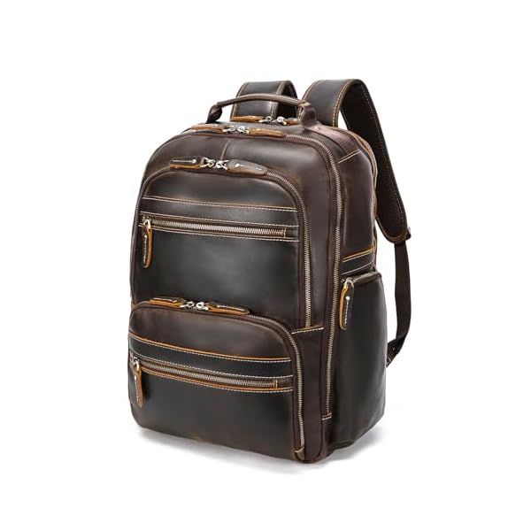 LANNSYNE Vintage Mens Full Grain Leather Backpack Fits 17.3 Inch Laptop, Large Casual Rucksack Shoulder Bag For Travel/Camping/Hiking-Brown