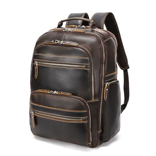 LANNSYNE Vintage Mens Full Grain Leather Backpack Fits 17.3 Inch Laptop, Large Casual Rucksack Shoulder Bag For Travel/Camping/Hiking-Brown