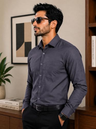 Image of Pinkmint Mens Cotton Regular Fit Long Sleeve Button Down Shirt for Men Collared Casual Formal Soild Shirt
