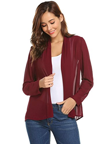 Concep Women's Chiffon Long Sleeve Open Front Roll up Lightweight Casual Cardigan Wine Red XL