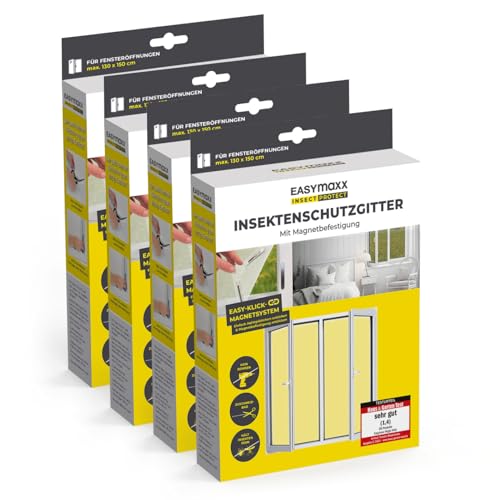 EASYmaxx Insect Protect Fliegengitter Fenster mit Magnetbefestigung | zuschneidbares Moskitonetz | Insektenschutz Fenster bis 130 x 150 cm | Mückenschutz Magnet - leichte Montage [4 Stück]