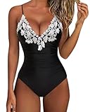 SUUKSESS Women Lace One Piece Swimsuit Sexy Tummy Control V Neck Bathing Suit Retro Swimwear (Black,S)