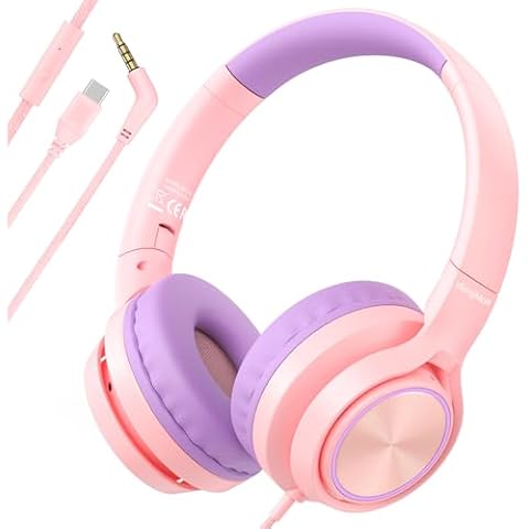 VkingMoR Kids Headphones for School Travel, Upgrade USB Type C Safe Volume 94dB, with Mic HD Stereo Sound Foldable On-Ear Headphones for Boys/Girls/Students/Tablet/Travel Pink Cover