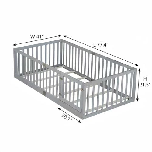 Image of Bellemave Twin Size Kids Montessori Floor Bed Frame with Door and Slats,Solid Wood Floor Bed Frame with Slats and High Fence for Kids,Girls,Boys,Gray