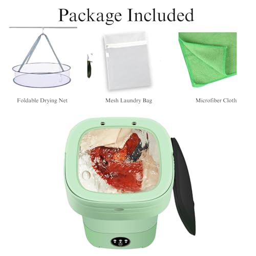 POPPYLANE Portable Washing Machine, 11L Foldable Washer & Spin Dryer with Laundry Bag & Drying Net & Microfiber Cloths, Laundry Machine with 3 Cleaning Modes for Baby Clothes and Underwear (Green) - Image 2