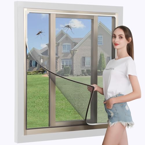 DIY Magnetic Window Screen, Adjustable Window net Max 61&rdquo; x 59&rdquo; ，White Frames Fiberglass Mesh...