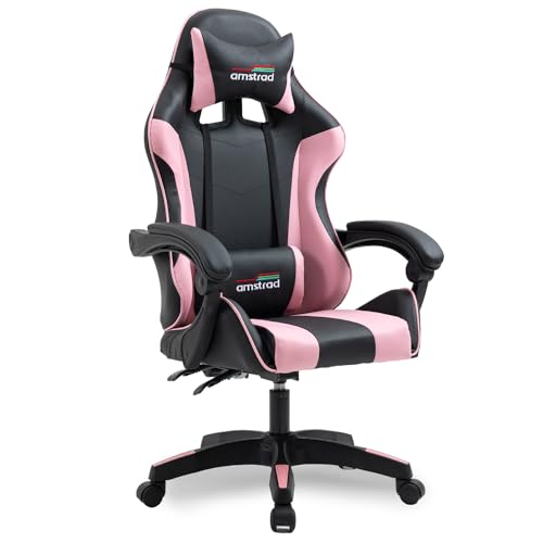 Amstrad AMS-800-PINK Fauteuil/Chaise de Bureau Gamer Coloris Noir & Rose - Coussin Lombaire & appuie tête