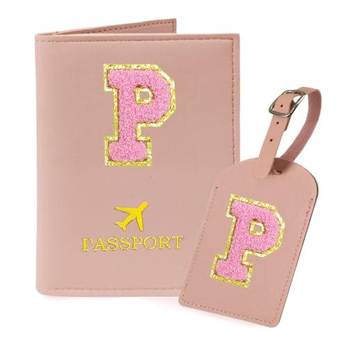 COSHAYSOO Initial Passport Cover Luggage Tag Set Letter Passport Holder Airplane Cruise Travel Essentials Vacation Traveling Accessories Personalized Gifts for Women Teen College Girls Pink P