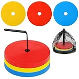SKJJM 24er Markierungsscheiben 15 cm Hütchen Fussball Flach, 3 Farben Hütchen Fussball mit Organizerhalter und Netztasche, Runde Trainingshütchen Trainingskegel für Fußball und Leichtathletik