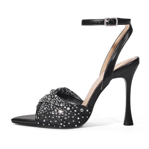 Elisabet Tang Women's Rhinestone High Heel Sandals Strappy Stiletto Heels Pointed Open Toe 4-inch Heels with Ankle Strap Crystals Sexy Dress Shoes for Wedding Black Size 7 by Elisabet Tang - Used condition - Image 2