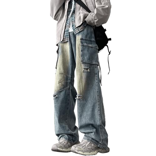 Baggy Cargo Pants for Men Y2K Distressed Straight Leg Denim Pants Teen Boys Ripped Wide Leg Jeans Hip Hop Streetwear