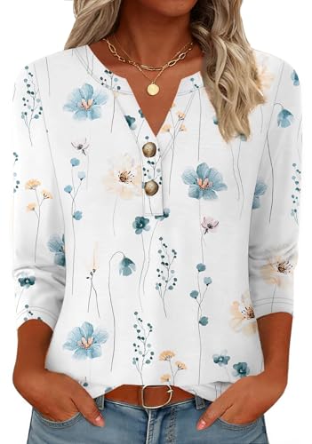 GKBK Womens Tops 3/4 Length Sleeve V Neck Button Down Loose Fit Shirts Business Casual Basic Tees Summer Fashion 2026 Dressy Casual Vacation Travel Beach Print Blouses Trendy Outfits Flower L