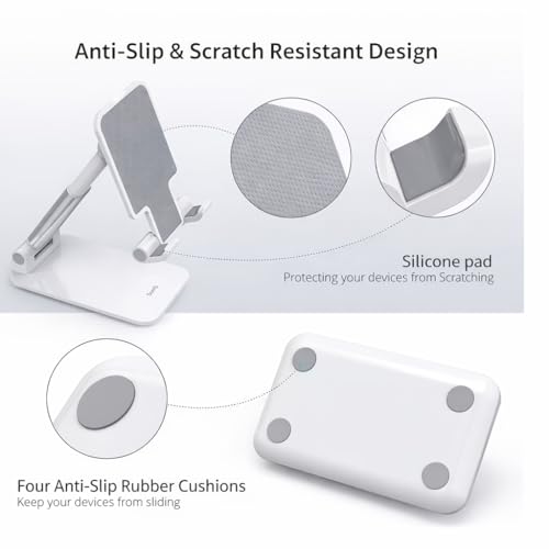 Image of Premium White Foldable & Adjustable Mobile Stand for Desk | Height Adjustable Phone Holder | Portable Anti-Slip Mobile & Tablet Stand for Video Calls, Study & Office Use