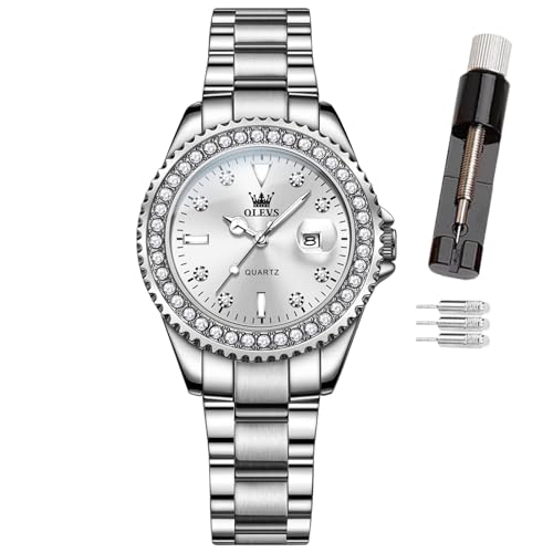 OLEVS Damen-Armbanduhr, kleines Handgelenk, Rotgold, Diamant-Zifferblatt, Quarzuhr, modisch, nachtleuchtend, wasserdicht, analoge Uhr für Frauen, Romantisches Geschenk für Freundin, 9945 - Weiße
