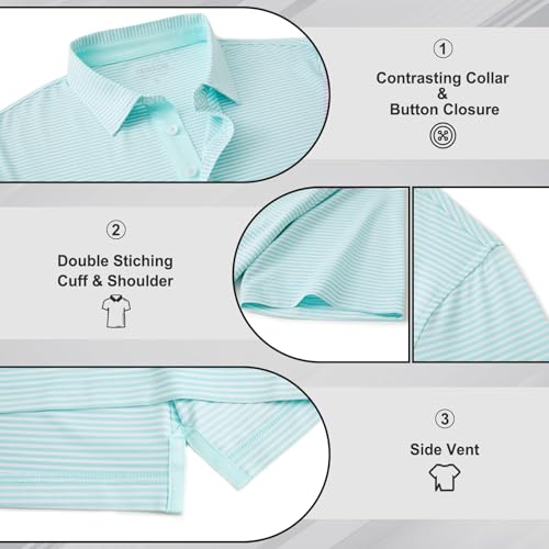 Image of Golf Shirts for Men - Dry Fit Moisture Wicking Short Sleeve Performance Sport Casual Striped Collared Mens Polo Shirt
