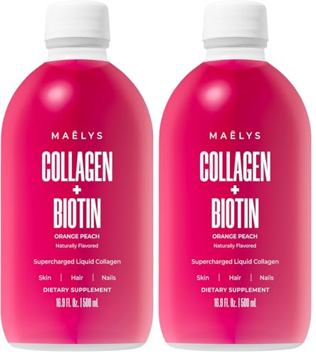 MAËLYS Super Charged Liquid Collagen for Women - Collagen Peptides Supplement with Biotin for Hair, Skin and Nails - Orange Peach (Pack of 2)