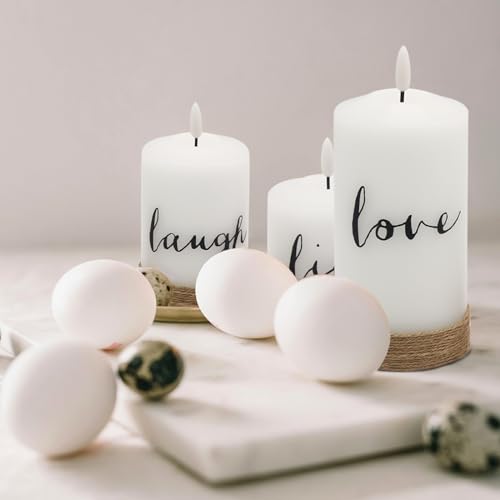 Image of Battery Operated Flameless Flickering Candles with Remote Timer, LED Real Wax Pillar Candlesticks with Realistic 3D Wick, Set of 3 Live Laugh Love Home Decor(D3xH4 5 inch 6 inch)