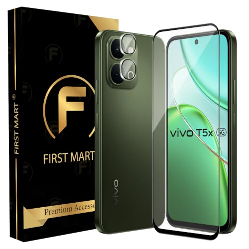 Image of FIRST MART Tempered Glass for Vivo T5x 5G with Green Camera Ring Guard & Installation Kit | HD Clear Edge-to-Edge Screen Protector, Scratch Resistant, Case-Friendly | Pack of 1