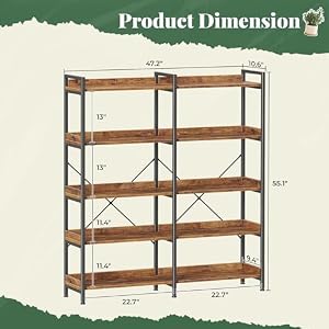 Huuger 5 Tier Bookshelf with 10 Open Shelves and Raised Baffle, Rustic Brown — photo 2 of 6