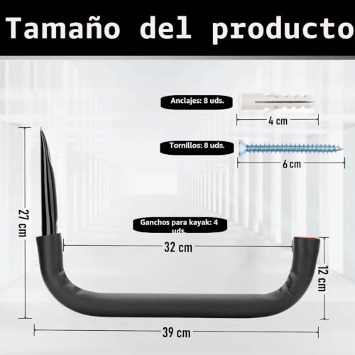 Miniatura 2 de Pipafox Ganchos De Almacenamiento Para Garaje, Cada Estante Pesado Para Kayak Con Capacidad De Carga De 45 Kg, Gancho De Pared Para Canoa, Escalera, Sillas Plegables, Tabla De Surf 27 Cm X 39 Cm