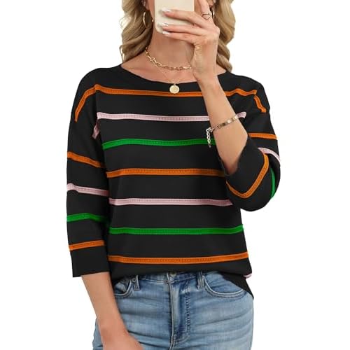 LOMON Women's Soft Comfy Knit Pullover Sweater Striped Boat Neck Spring Dressy Casual Sweater Tops 2026 Black-color Stripes Small