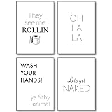 4 Premium Badezimmer Poster Set - 4 Stilvolle Badezimmer Wandbilder mit Sprüchen Poster Deko (Threy see me ROLLIN, oh la la, wash your hands, lets get naked, A4 (ohne Rahmen))