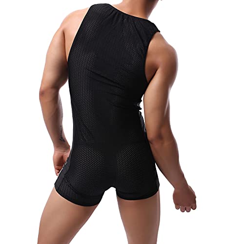 Yufeida Men's Athletic Supporters Bodysuit Slim Fit Wrestling Leotard Active Base Layers Jumpsuit Mesh Breathable Black #TOP4