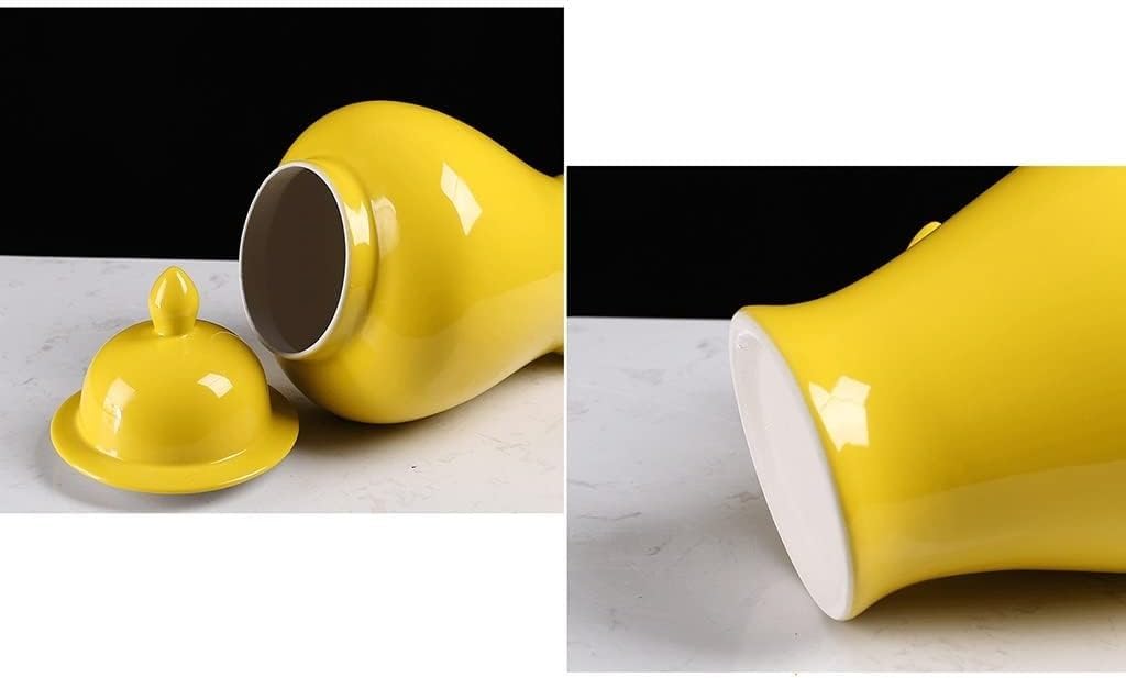 Nowoczesny wazon porcelanowy, chiński ceramiczny słoik na imbir z pokrywką, duży dekoracyjny słoik, żółty orientalny słoik świątynny (L)