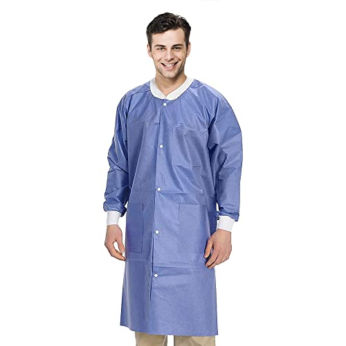 AMZ Disposable Gowns Medical Lab Coats Small. Pack of 10 Blueberry Adult Disposable Lab Coats with Pockets. 45 gsm SMS Medical Gowns with Long Sleeves, Knit Collar, Cuffs, Snaps. Non Sterile Lab Gowns