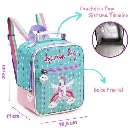 Kit Mochila Carrinho Estojo Lancheira DREAM BIG Unicórnio cor:Verde