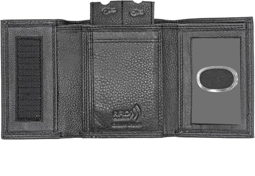 Mens Trifold Wallet RFID Protection Genuine Leather Trifold Wallet Key Holder Velcro's Closure Card Case Holder (J133, Black)
