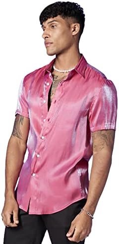 WDIRARA Men's Sheer Mesh Button Down Short Sleeve Printed Collared Shirt Tops Pink S
