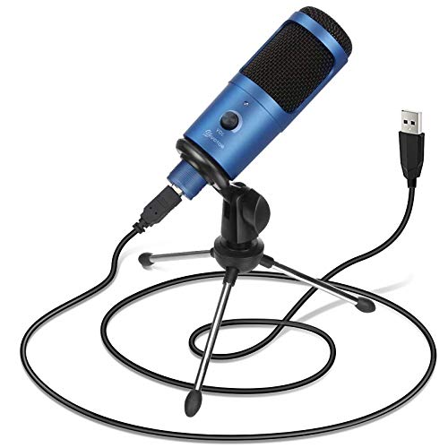 EIVOTOR Micrófono PC & Micrófono de Metal de Condensador Computadora USB Plug & Play con Soporte Trípode para Grabación, Podcasting, Transmisión, Youtube para Laptop Desktop iMac PC, Azul.
