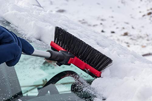 Mallory USA Mini Telescoping 35\" Pivoting Dual Head Snow Broom with Squeegee, Integrated Ice Scraper (Red)